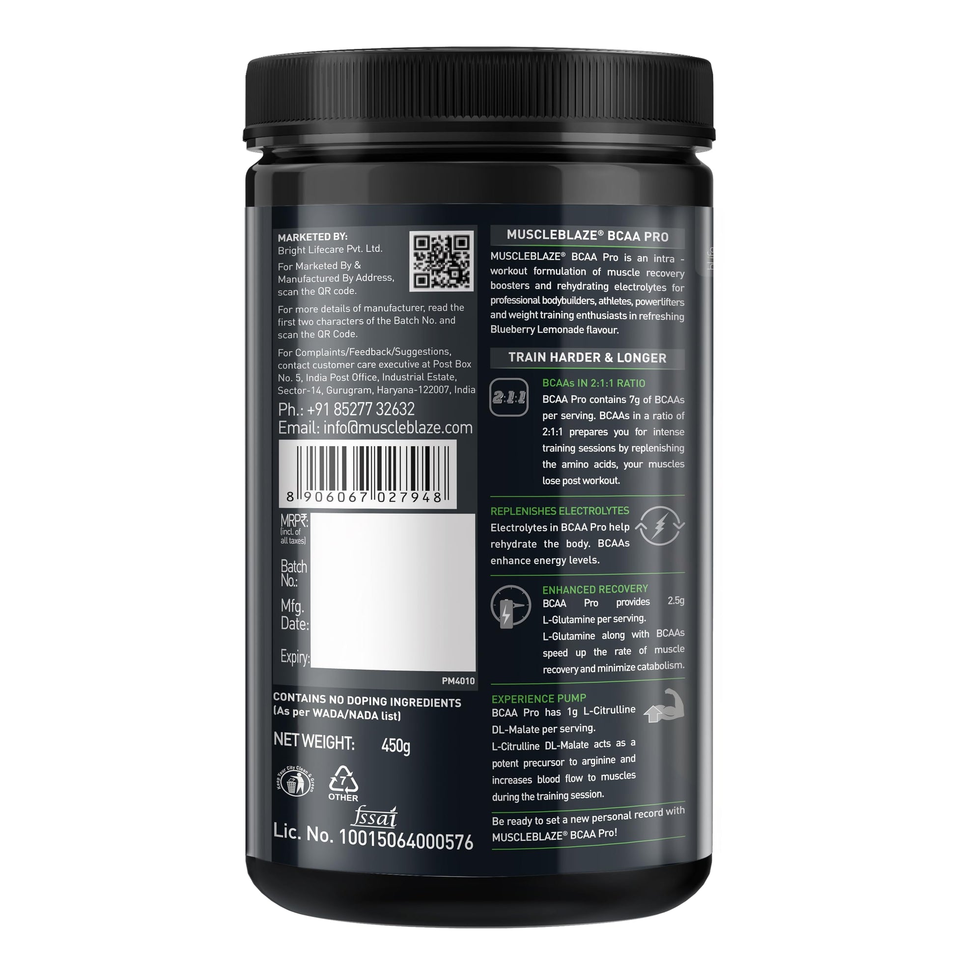 MuscleBlaze BCAA Pro Powder, Litchi Flavor, 240g, Intra-Workout BCAA Supplement with Electrolytes - packaging (18)