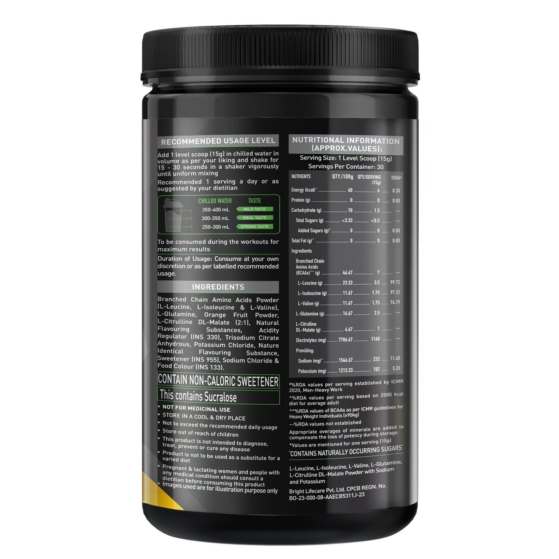 MuscleBlaze BCAA Pro Powder, Litchi Flavor, 240g, Intra-Workout BCAA Supplement with Electrolytes - label detail (19)