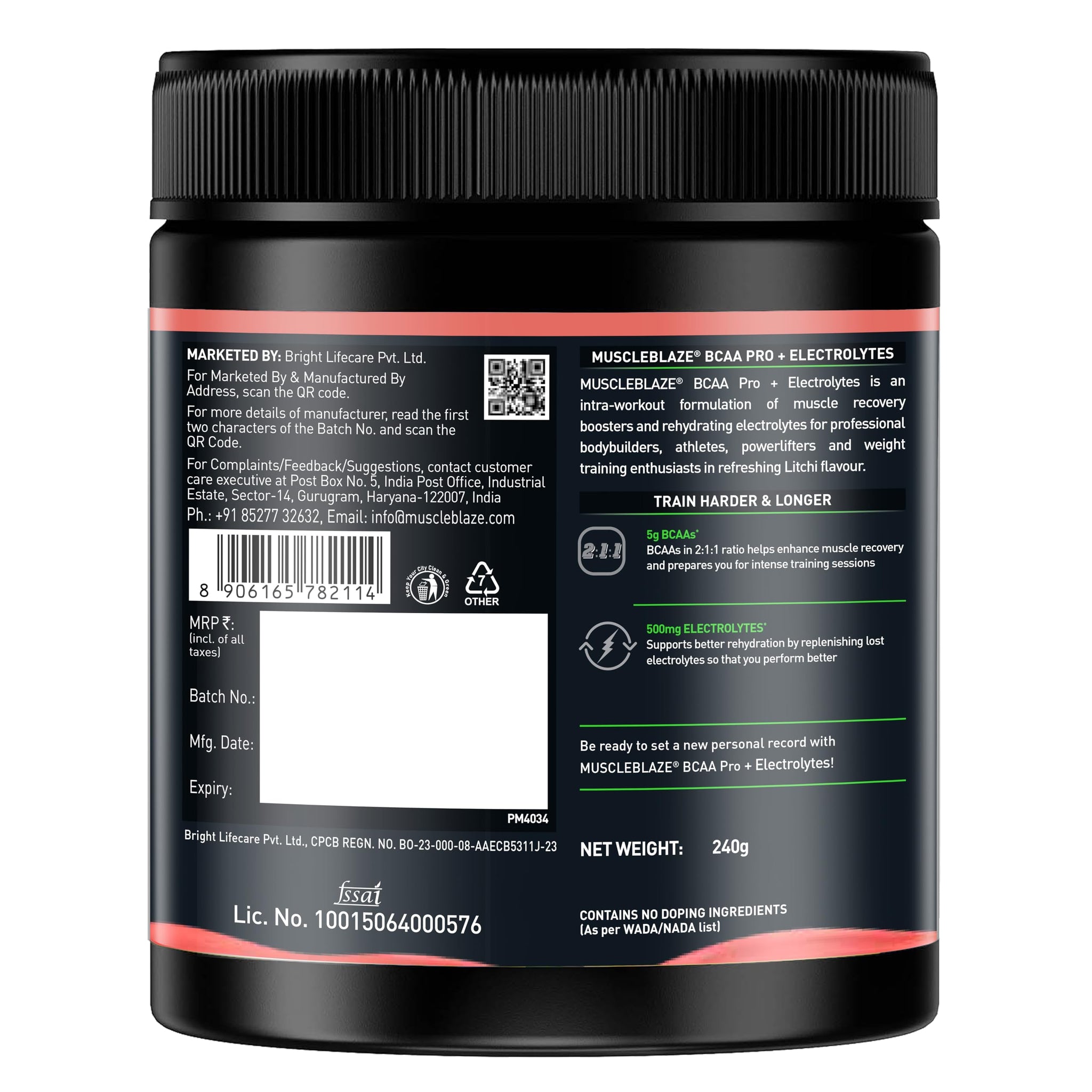 MuscleBlaze BCAA Pro Powder, Litchi Flavor, 240g, Intra-Workout BCAA Supplement with Electrolytes - front view