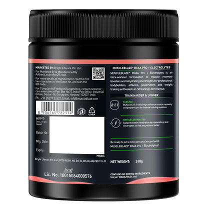 MuscleBlaze BCAA Pro Powder, Litchi Flavor, 240g, Intra-Workout BCAA Supplement with Electrolytes - front view