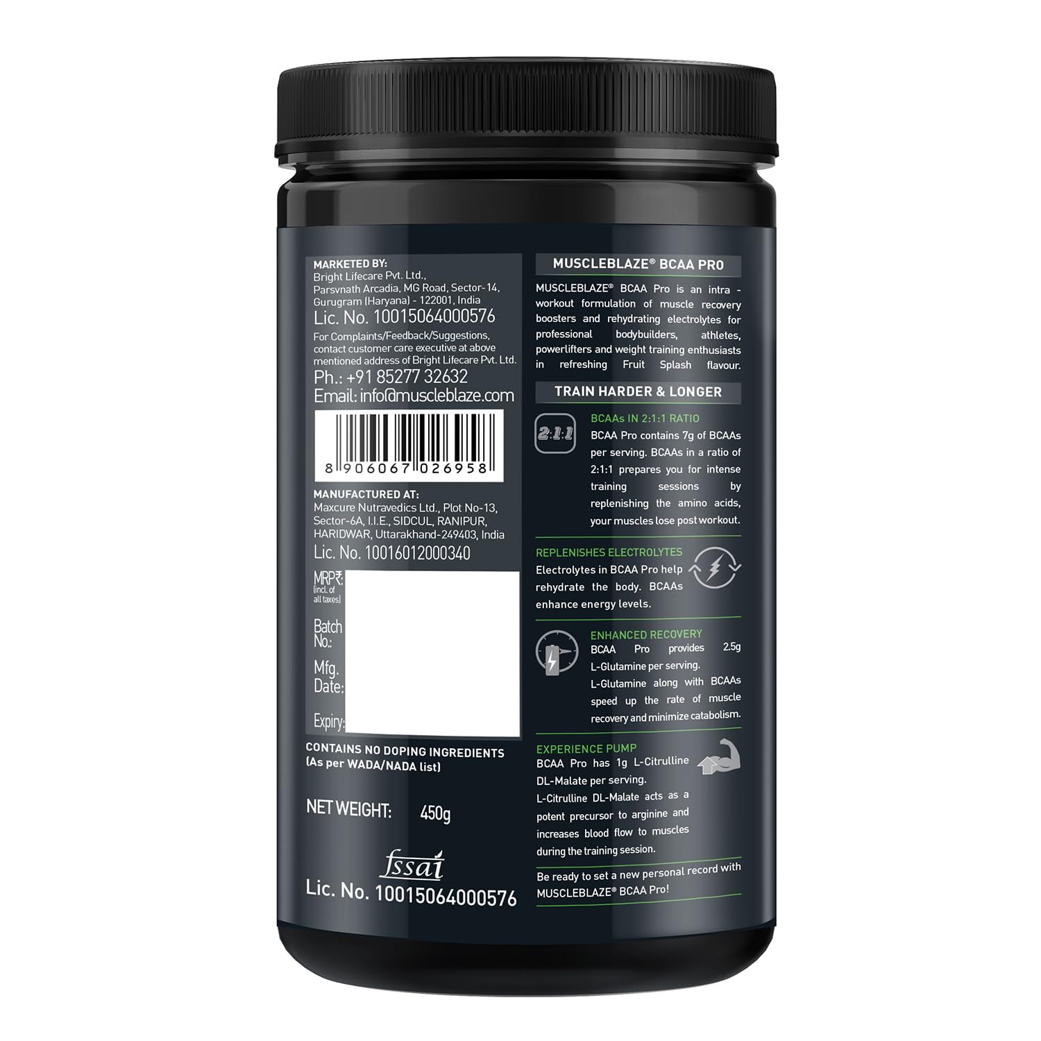 MuscleBlaze BCAA Pro Powder, Litchi Flavor, 240g, Intra-Workout BCAA Supplement with Electrolytes - label detail (27)