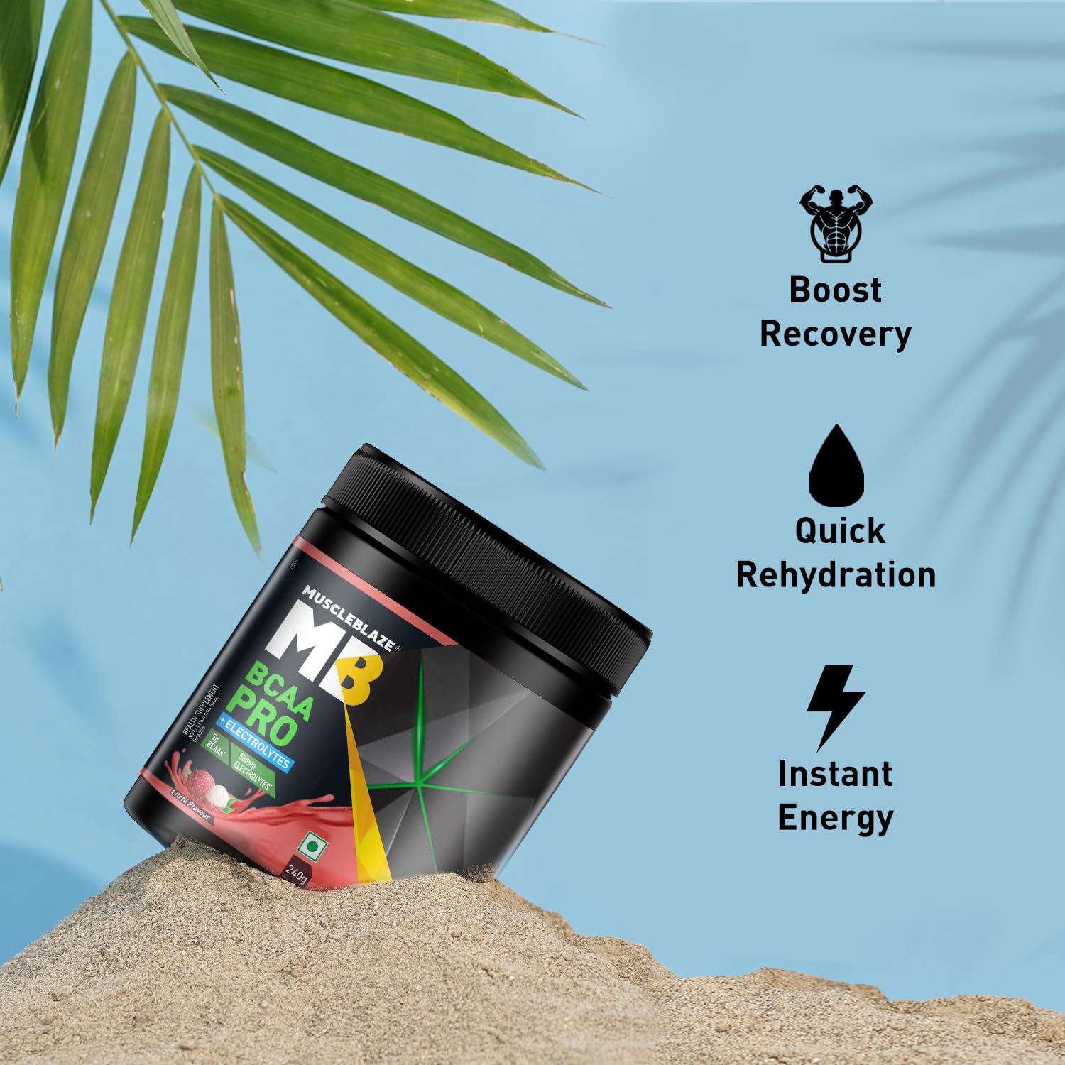 MuscleBlaze BCAA Pro Powder, Litchi Flavor, 240g, Intra-Workout BCAA Supplement with Electrolytes - ingredients panel