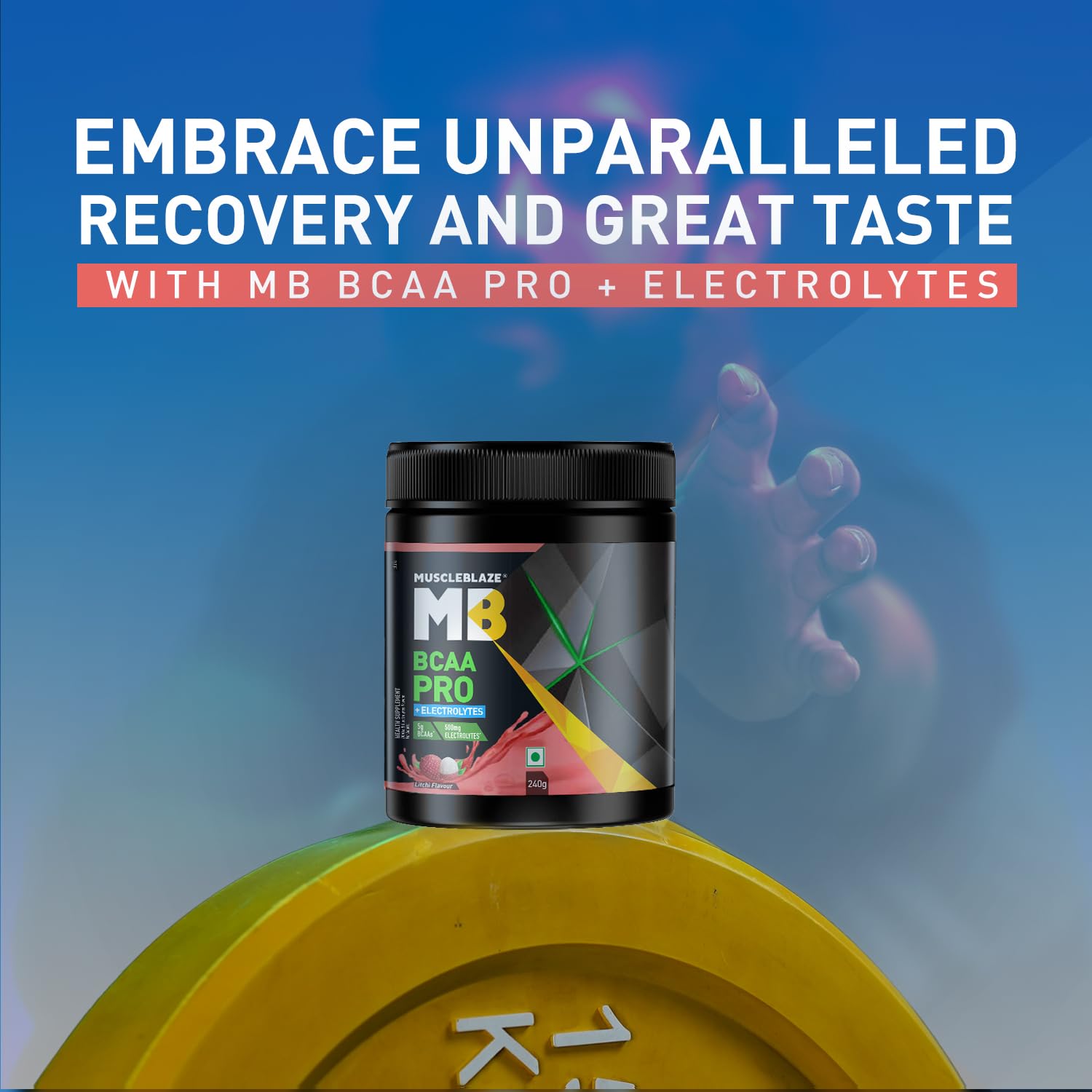 MuscleBlaze BCAA Pro Powder, Litchi Flavor, 240g, Intra-Workout BCAA Supplement with Electrolytes - close-up detail
