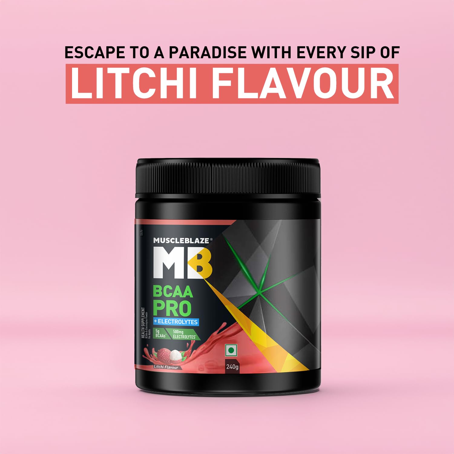 MuscleBlaze BCAA Pro Powder, Litchi Flavor, 240g, Intra-Workout BCAA Supplement with Electrolytes - in use