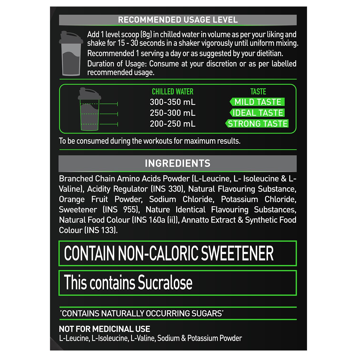 MuscleBlaze BCAA Pro Powder with Electrolytes, Zero Added Sugar, Intra-Workout Supplement - label detail