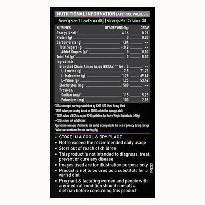 MuscleBlaze BCAA Pro Powder with Electrolytes, Zero Added Sugar, Intra-Workout Supplement - front view (9)
