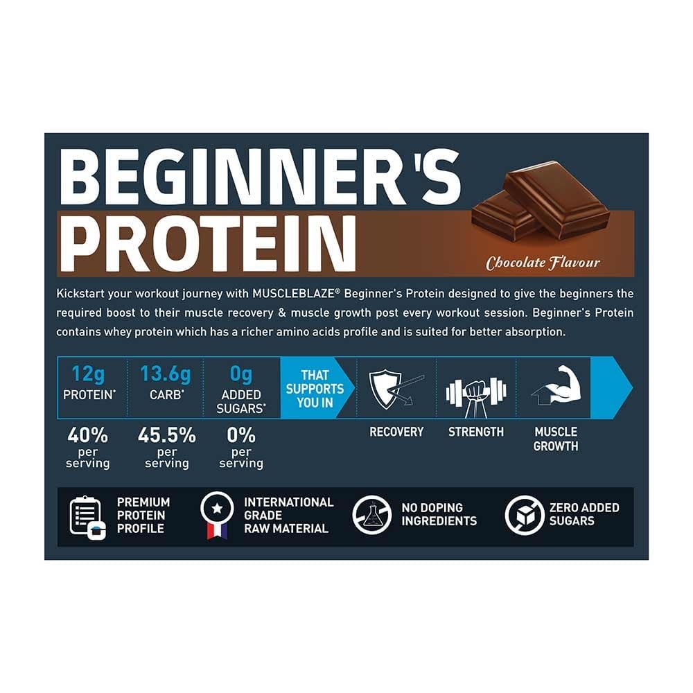 MuscleBlaze Beginner's Whey Protein Powder, Chocolate Flavor, Whey Protein Supplement - ingredients panel
