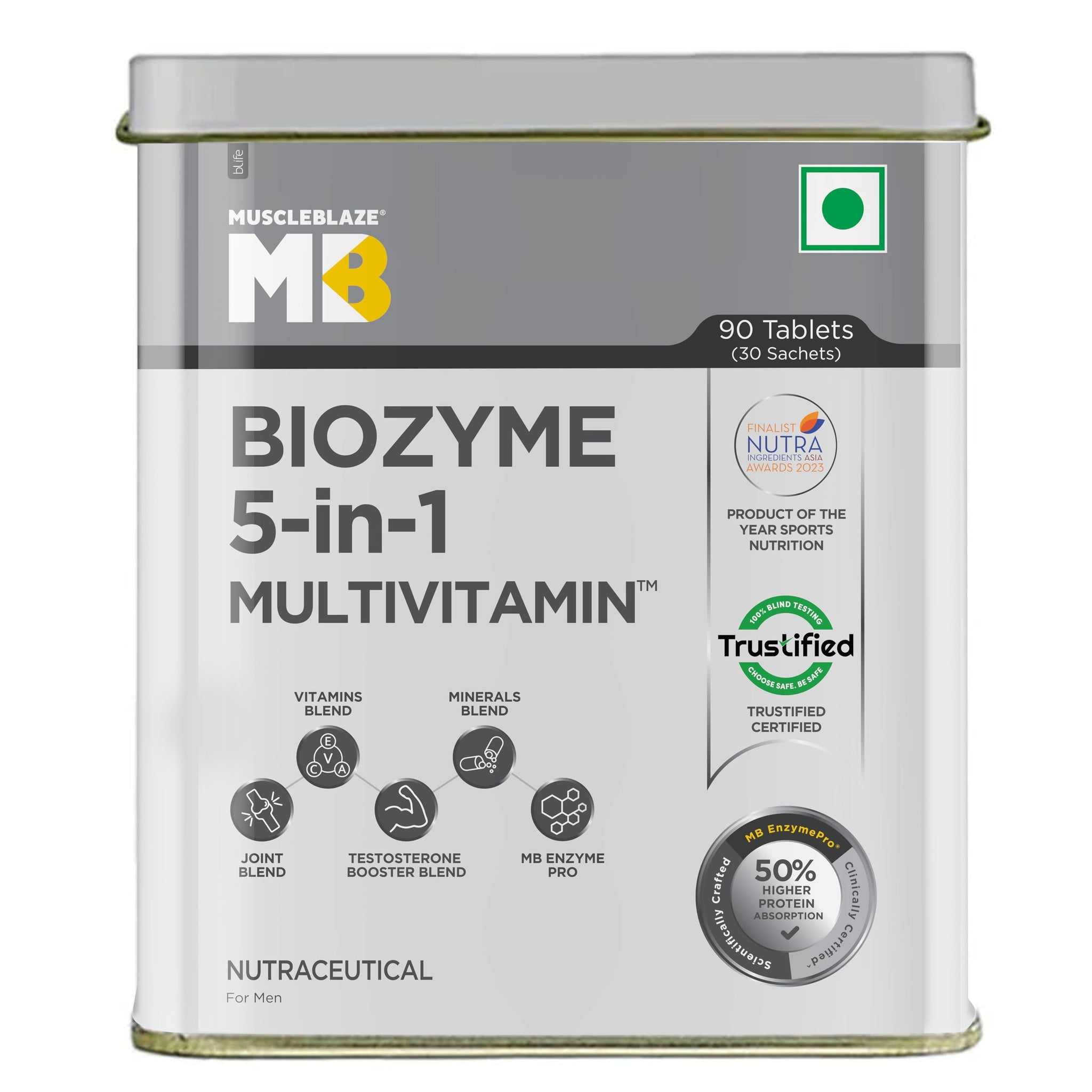 MuscleBlaze Biozyme Daily Multivitamin, 90 Tablets, 5-in-1 Formula with Vitamins, Minerals, Herbs