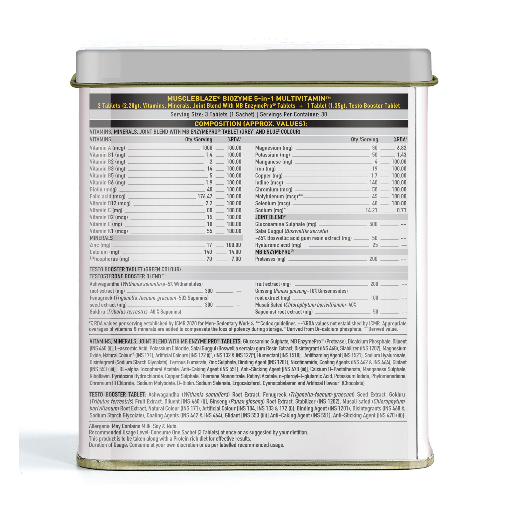 MuscleBlaze Biozyme Daily Multivitamin, 90 Tablets, 5-in-1 Formula with Vitamins, Minerals, Herbs - label detail