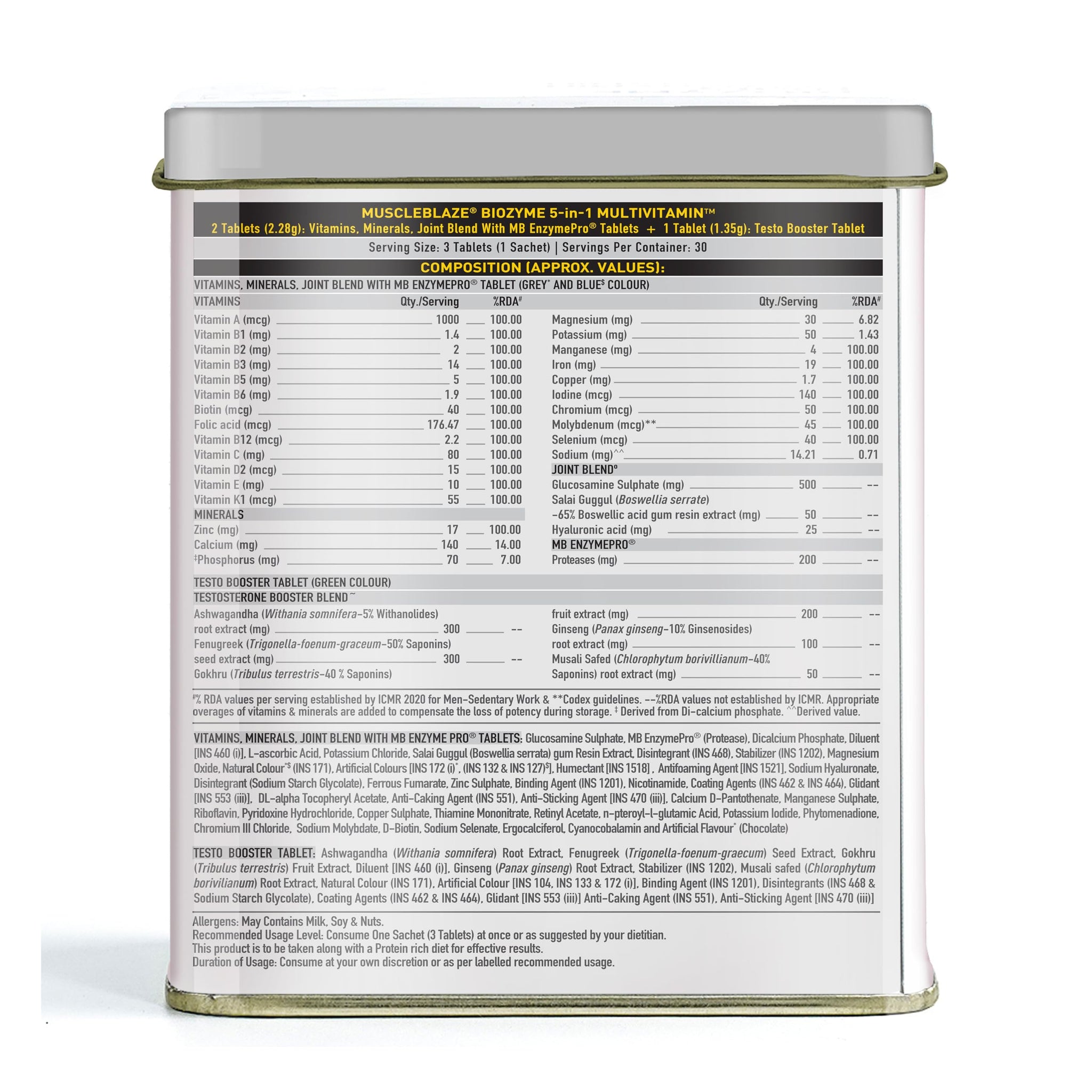 MuscleBlaze Biozyme Daily Multivitamin, 90 Tablets, 5-in-1 Formula with Vitamins, Minerals, Herbs - label detail