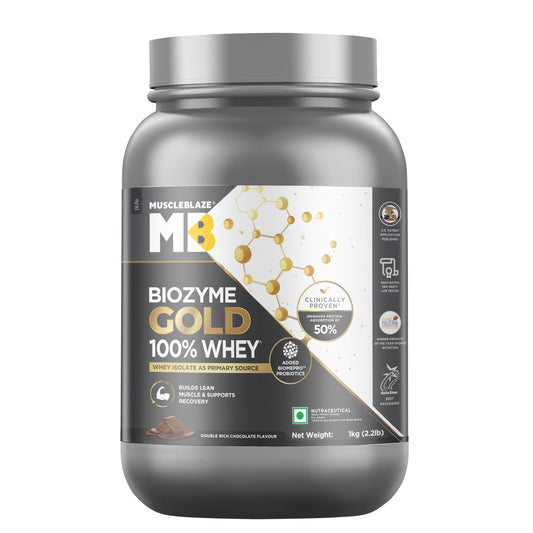 MuscleBlaze Biozyme Gold 100% Whey Protein Powder, 1kg (2.2 lbs), Protein Supplement