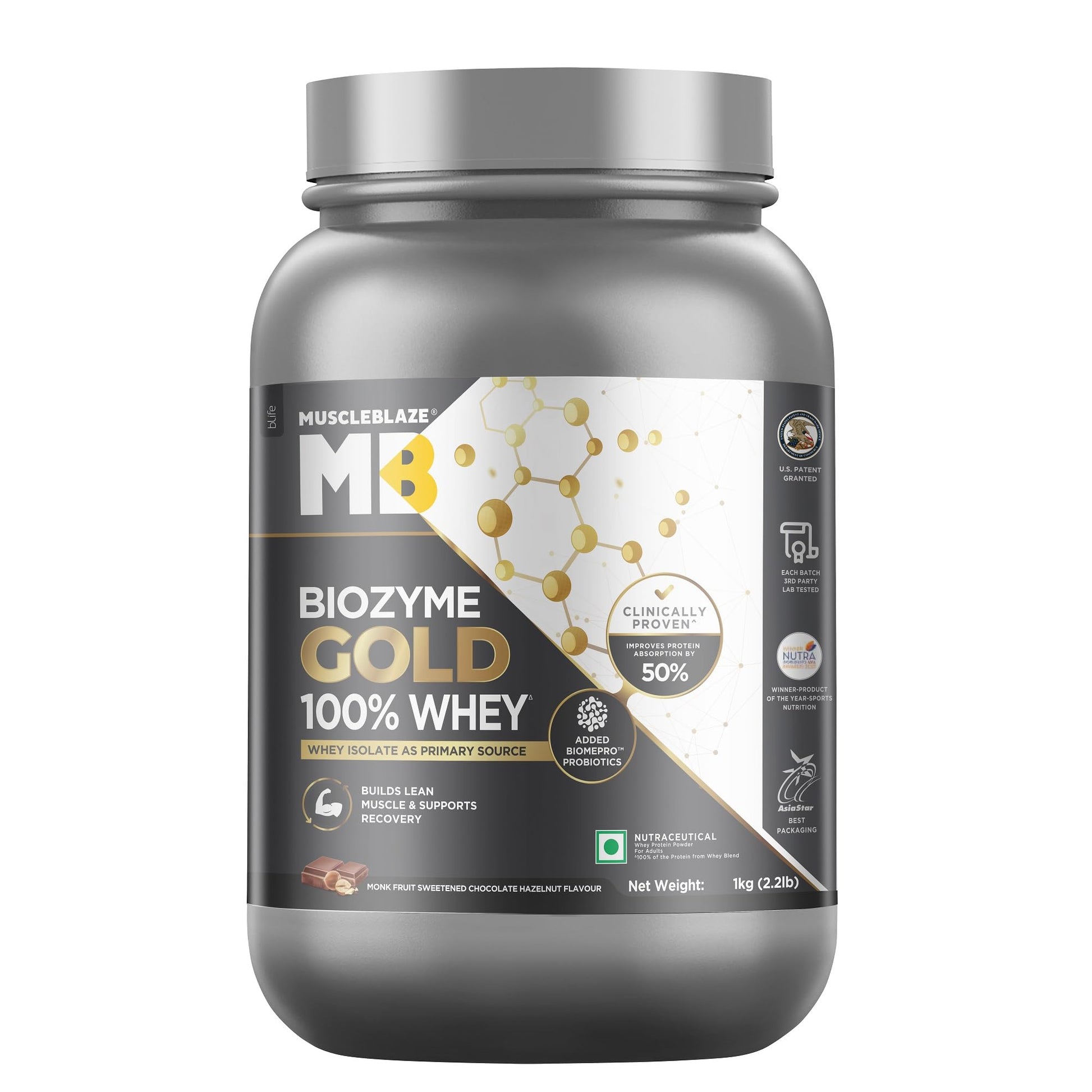 MuscleBlaze Biozyme Gold 100% Whey Protein Powder, 1kg (2.2 lbs), Protein Supplement (10)