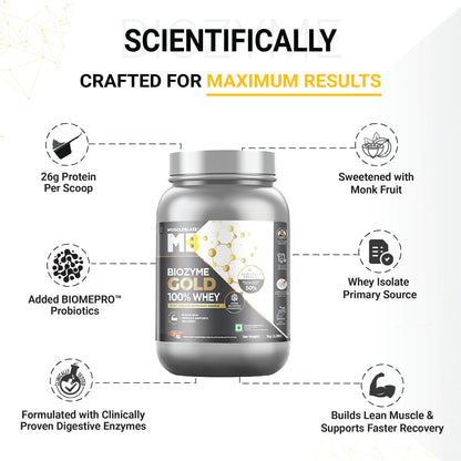 MuscleBlaze Biozyme Gold 100% Whey Protein Powder, 1kg (2.2 lbs), Protein Supplement - front view (11)