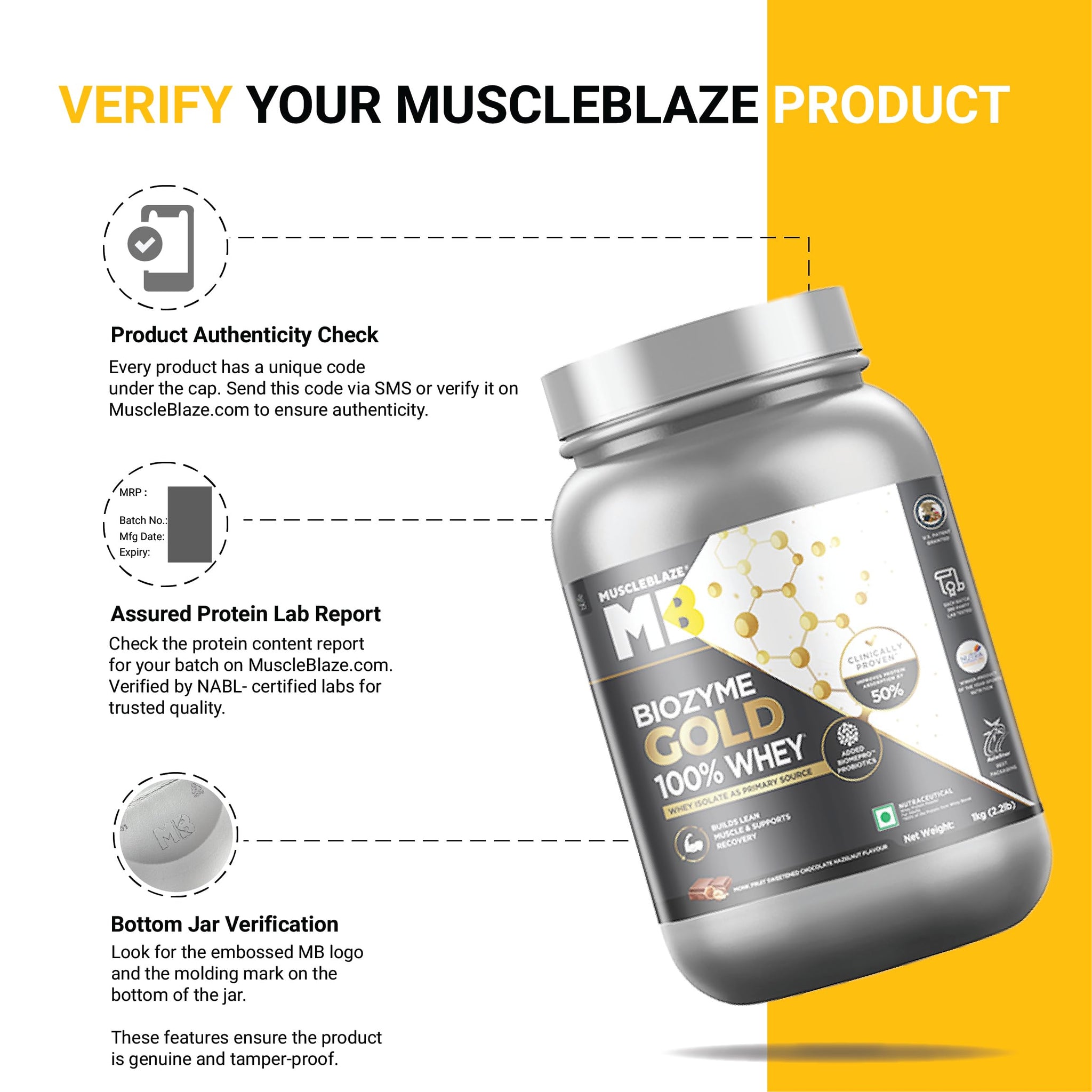 MuscleBlaze Biozyme Gold 100% Whey Protein Powder, 1kg (2.2 lbs), Protein Supplement - back view (12)