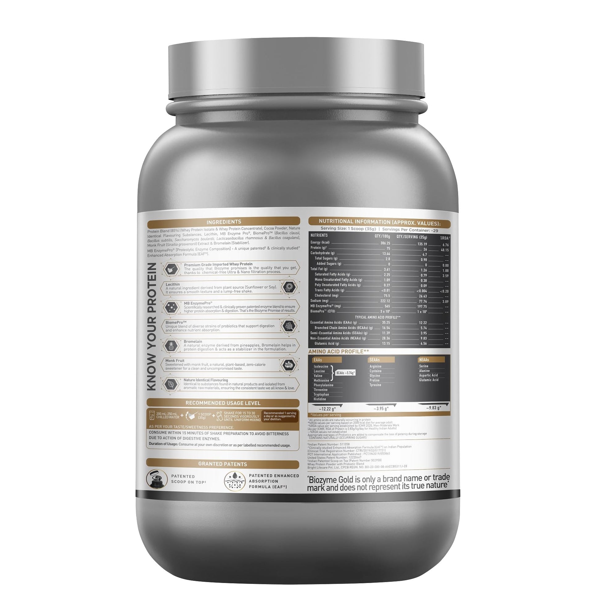 MuscleBlaze Biozyme Gold 100% Whey Protein Powder, 1kg (2.2 lbs), Protein Supplement - close-up detail (15)