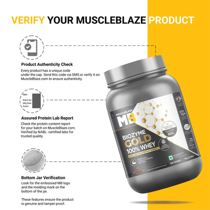 MuscleBlaze Biozyme Gold 100% Whey Protein Powder, 1kg (2.2 lbs), Protein Supplement - packaging
