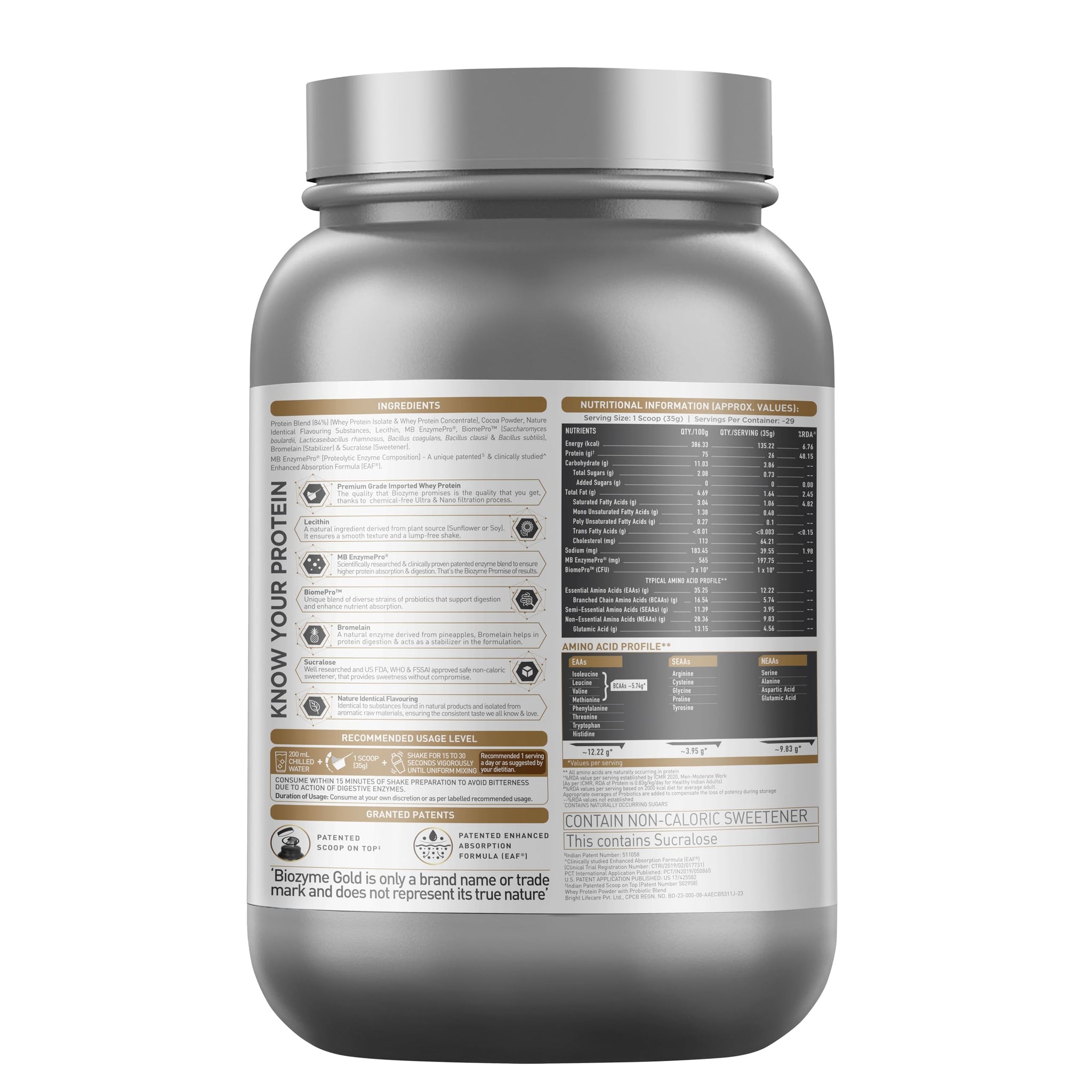MuscleBlaze Biozyme Gold 100% Whey Protein Powder, 1kg (2.2 lbs), Protein Supplement - close-up detail