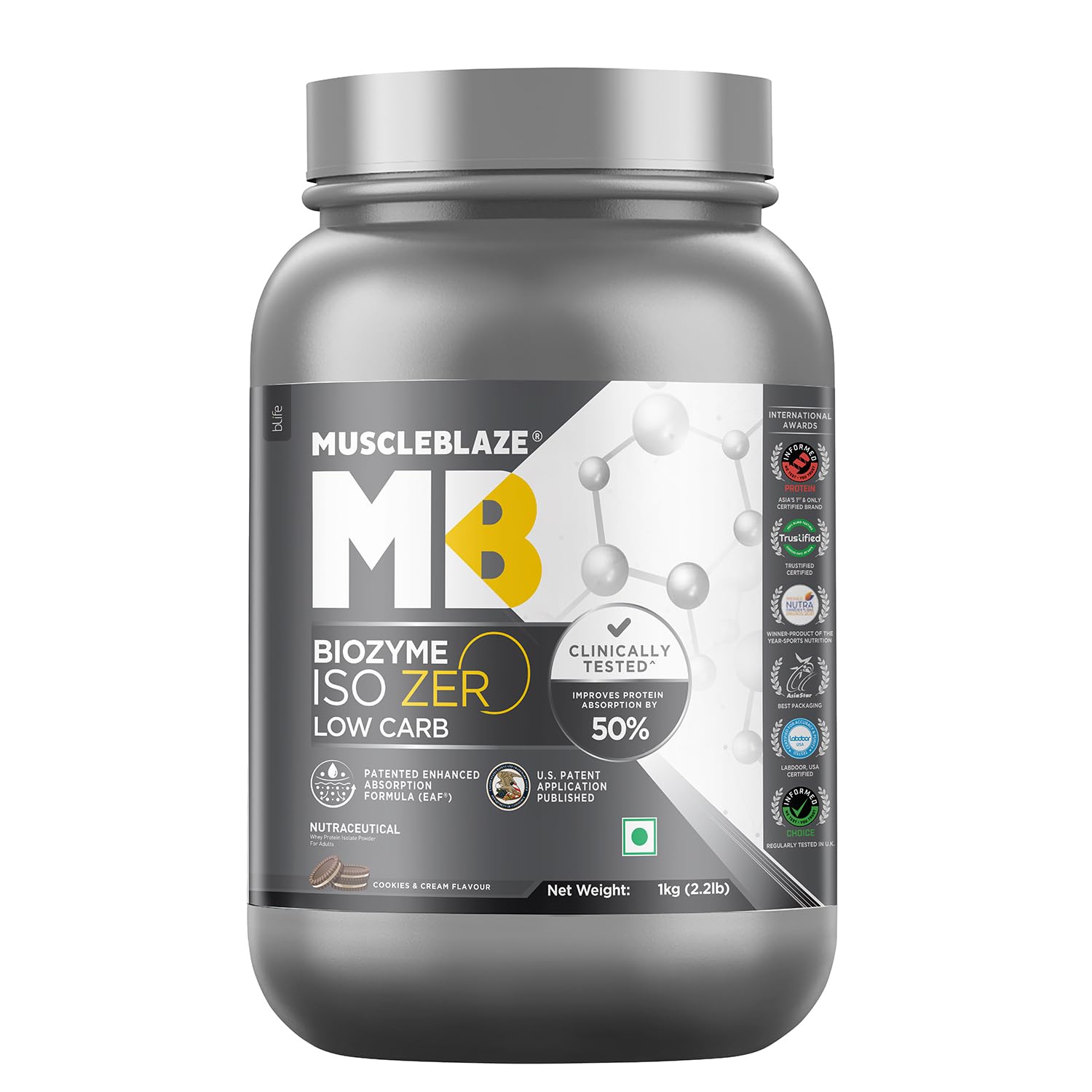 MuscleBlaze Biozyme Iso-Zero Low Carb Whey Protein Isolate Powder with EAF, Third Party Tested, Award Winning (10)