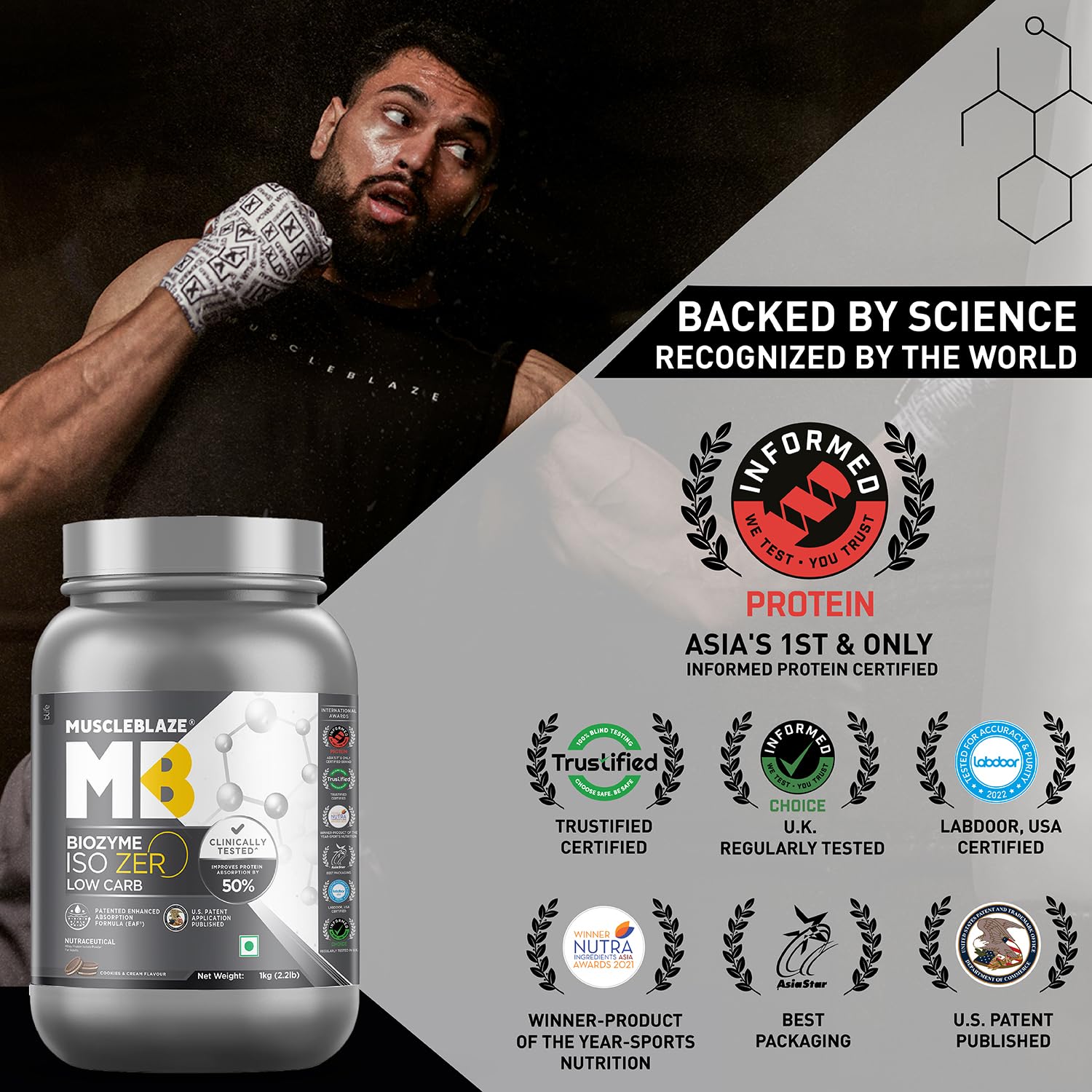 MuscleBlaze Biozyme Iso-Zero Low Carb Whey Protein Isolate Powder with EAF, Third Party Tested, Award Winning - front view (1