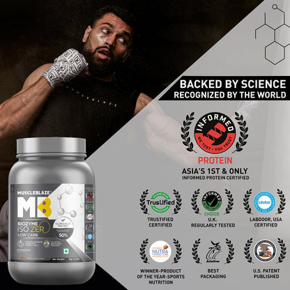 MuscleBlaze Biozyme Iso-Zero Low Carb Whey Protein Isolate Powder with EAF, Third Party Tested, Award Winning - front view (1