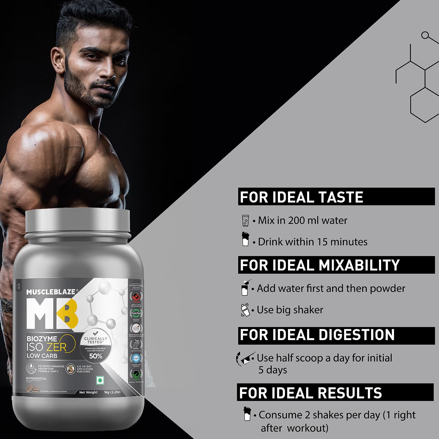 MuscleBlaze Biozyme Iso-Zero Low Carb Whey Protein Isolate Powder with EAF, Third Party Tested, Award Winning - packaging (13