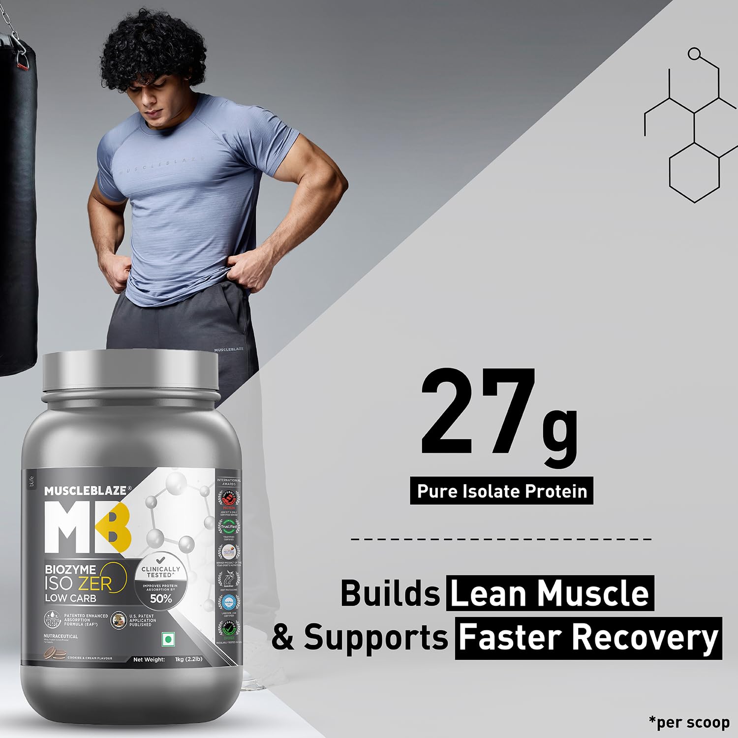 MuscleBlaze Biozyme Iso-Zero Low Carb Whey Protein Isolate Powder with EAF, Third Party Tested, Award Winning - label detail 