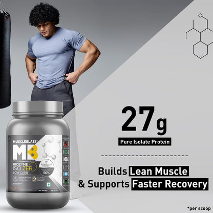 MuscleBlaze Biozyme Iso-Zero Low Carb Whey Protein Isolate Powder with EAF, Third Party Tested, Award Winning - label detail 