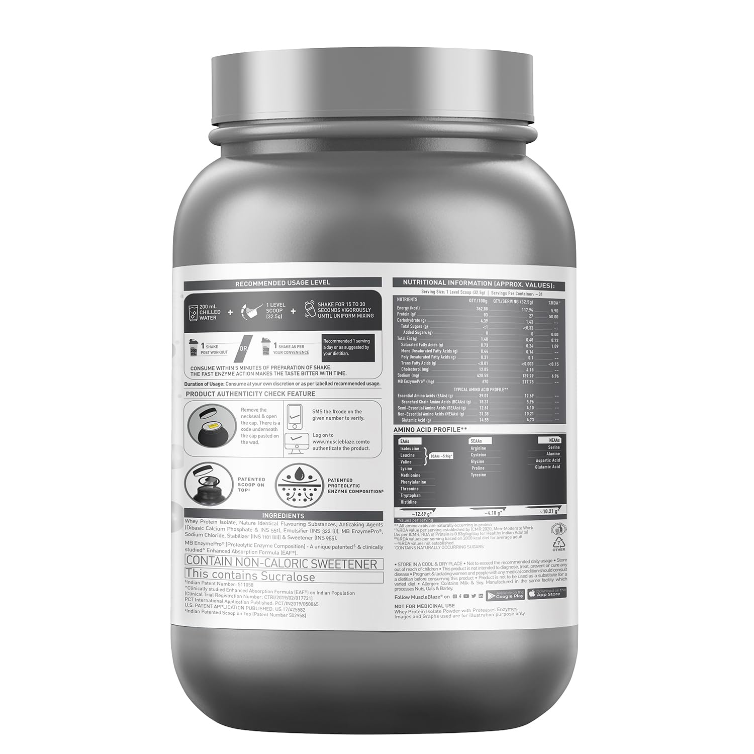 MuscleBlaze Biozyme Iso-Zero Low Carb Whey Protein Isolate Powder with EAF, Third Party Tested, Award Winning - close-up deta