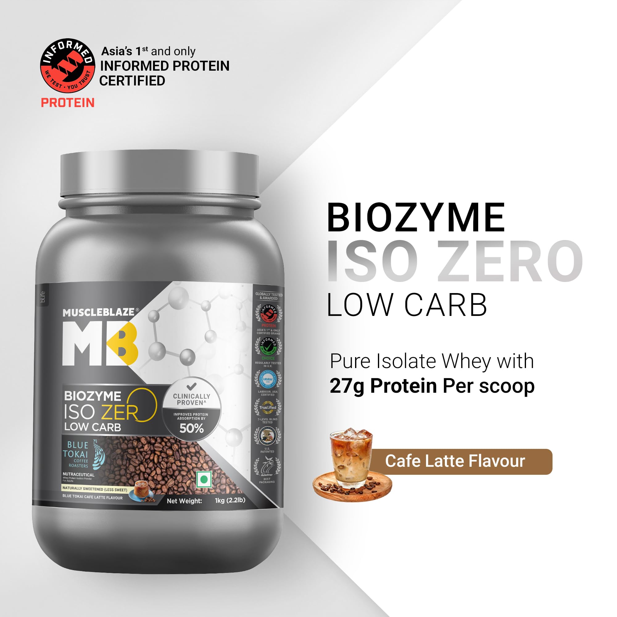 MuscleBlaze Biozyme Iso-Zero Low Carb Whey Protein Isolate Powder with EAF, Third Party Tested, Award Winning - front view