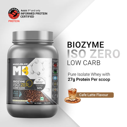MuscleBlaze Biozyme Iso-Zero Low Carb Whey Protein Isolate Powder with EAF, Third Party Tested, Award Winning - front view