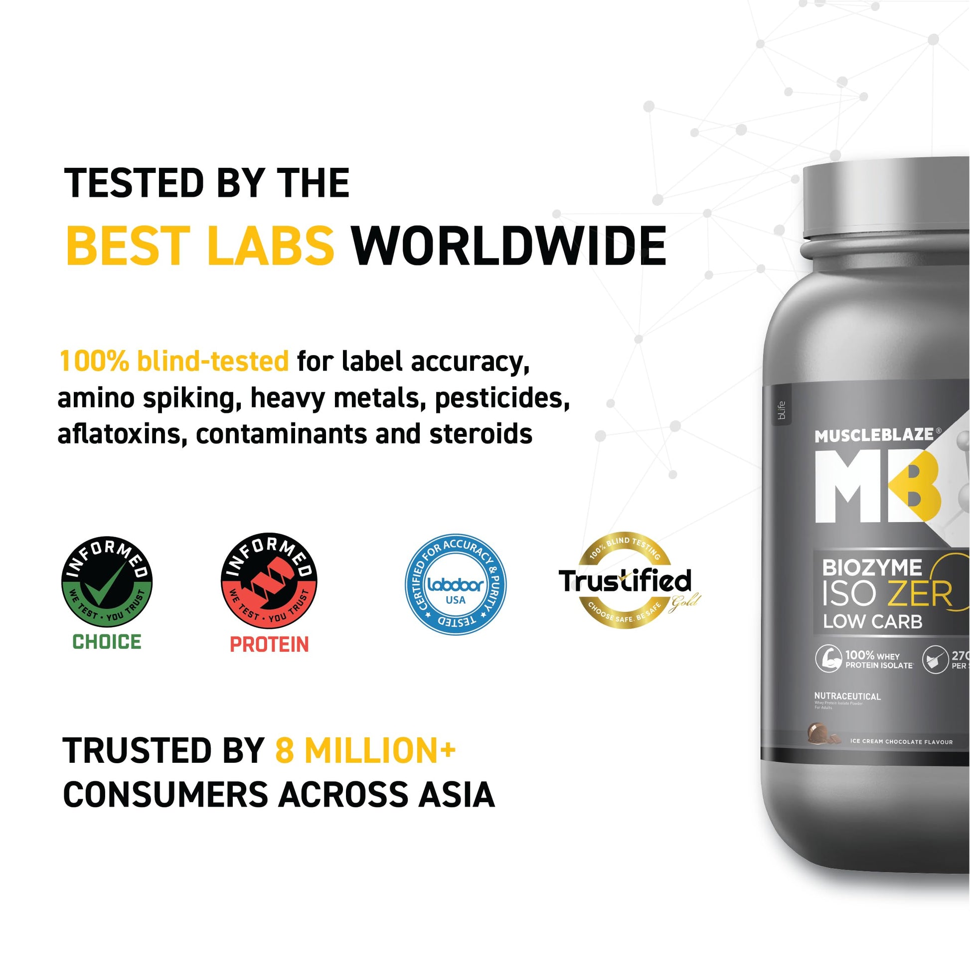 MuscleBlaze Biozyme Iso-Zero Low Carb Whey Protein Isolate Powder with EAF, Third Party Tested, Award Winning - label detail 