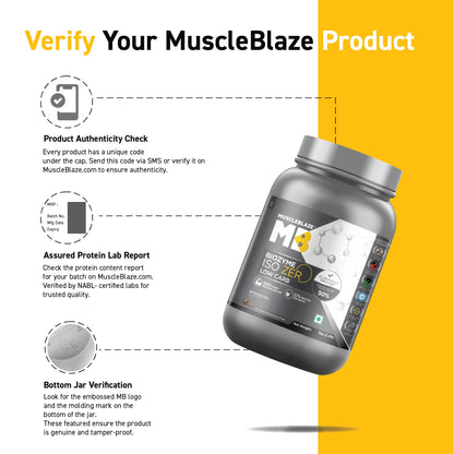 MuscleBlaze Biozyme Iso-Zero Low Carb Whey Protein Isolate Powder with EAF, Third Party Tested, Award Winning - ingredients p