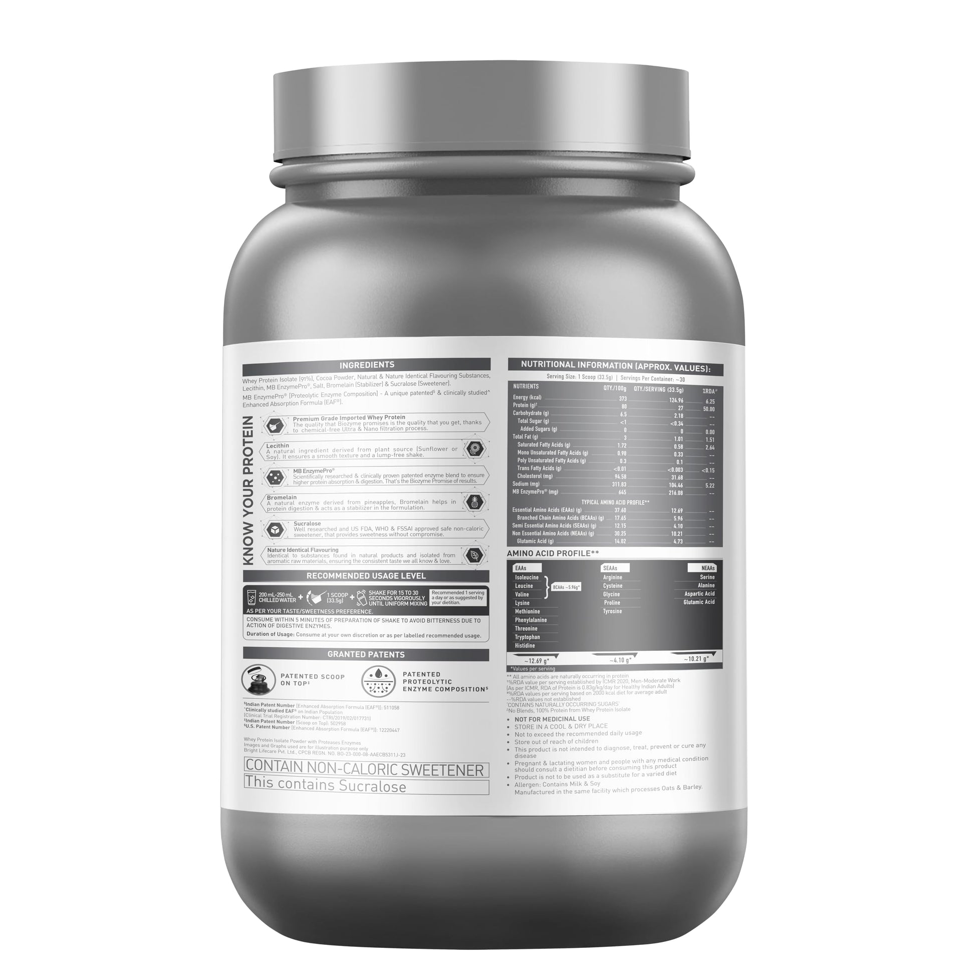 MuscleBlaze Biozyme Iso-Zero Low Carb Whey Protein Isolate Powder with EAF, Third Party Tested, Award Winning - close-up deta