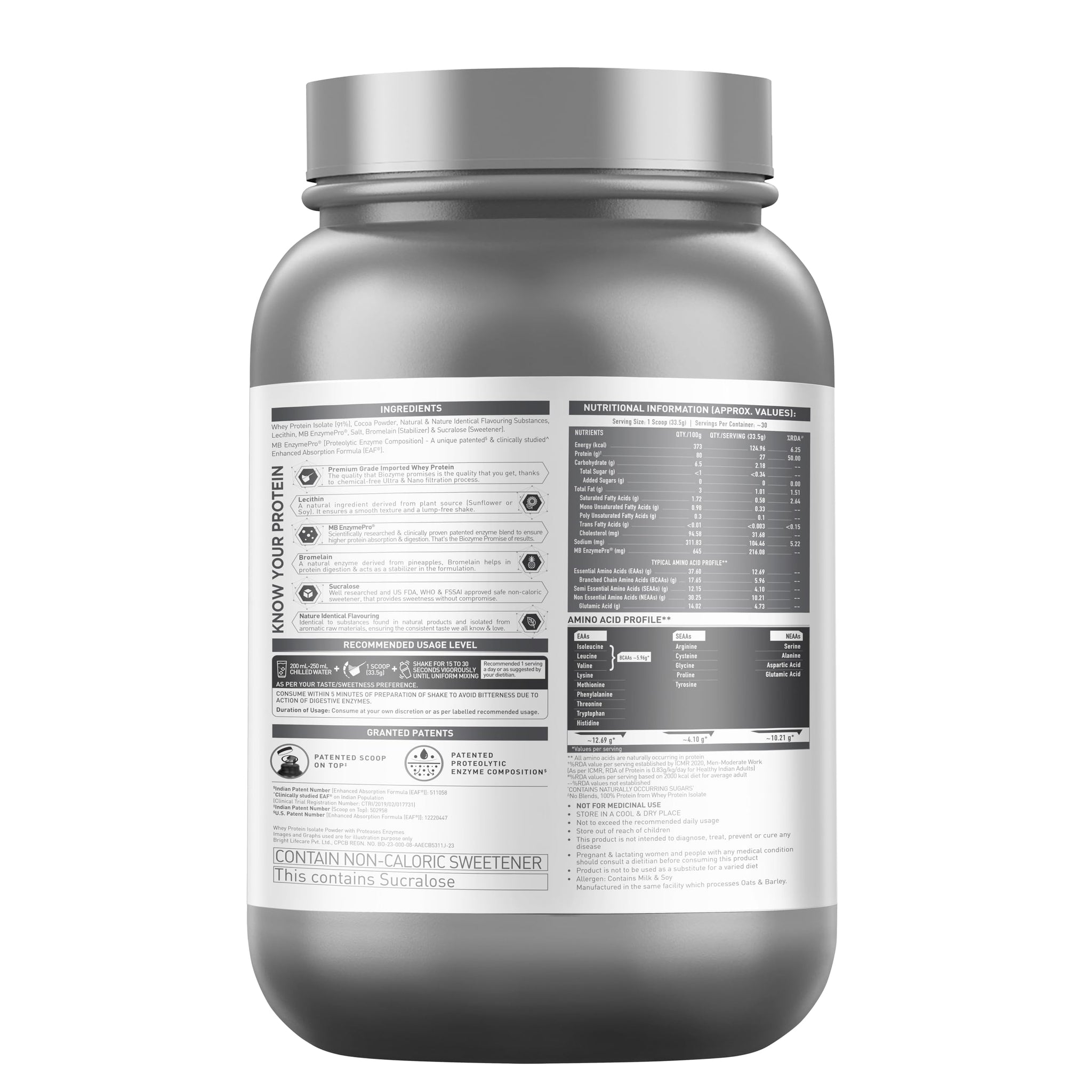 MuscleBlaze Biozyme Iso-Zero Low Carb Whey Protein Isolate Powder with EAF, Third Party Tested, Award Winning - close-up deta