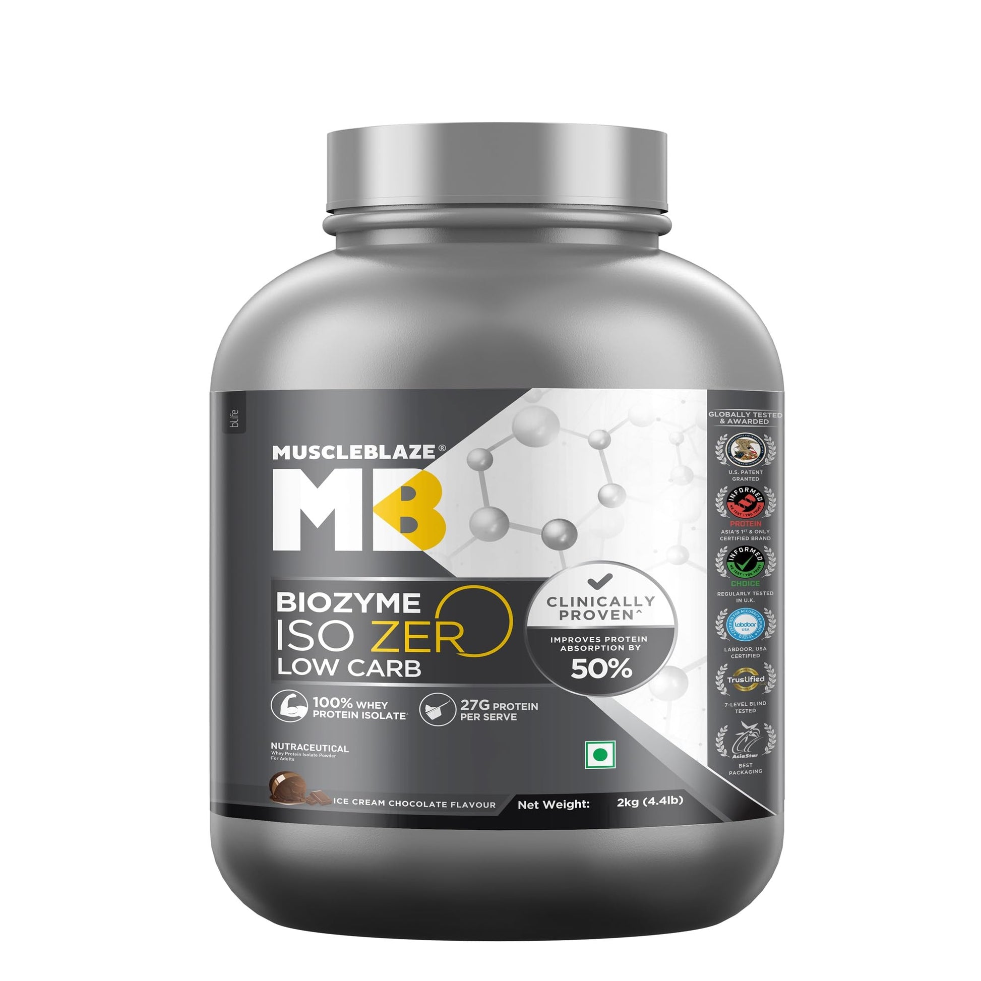 MuscleBlaze Biozyme Iso-Zero Low Carb Whey Protein Isolate Powder with EAF, Third Party Tested, Award Winning (25)