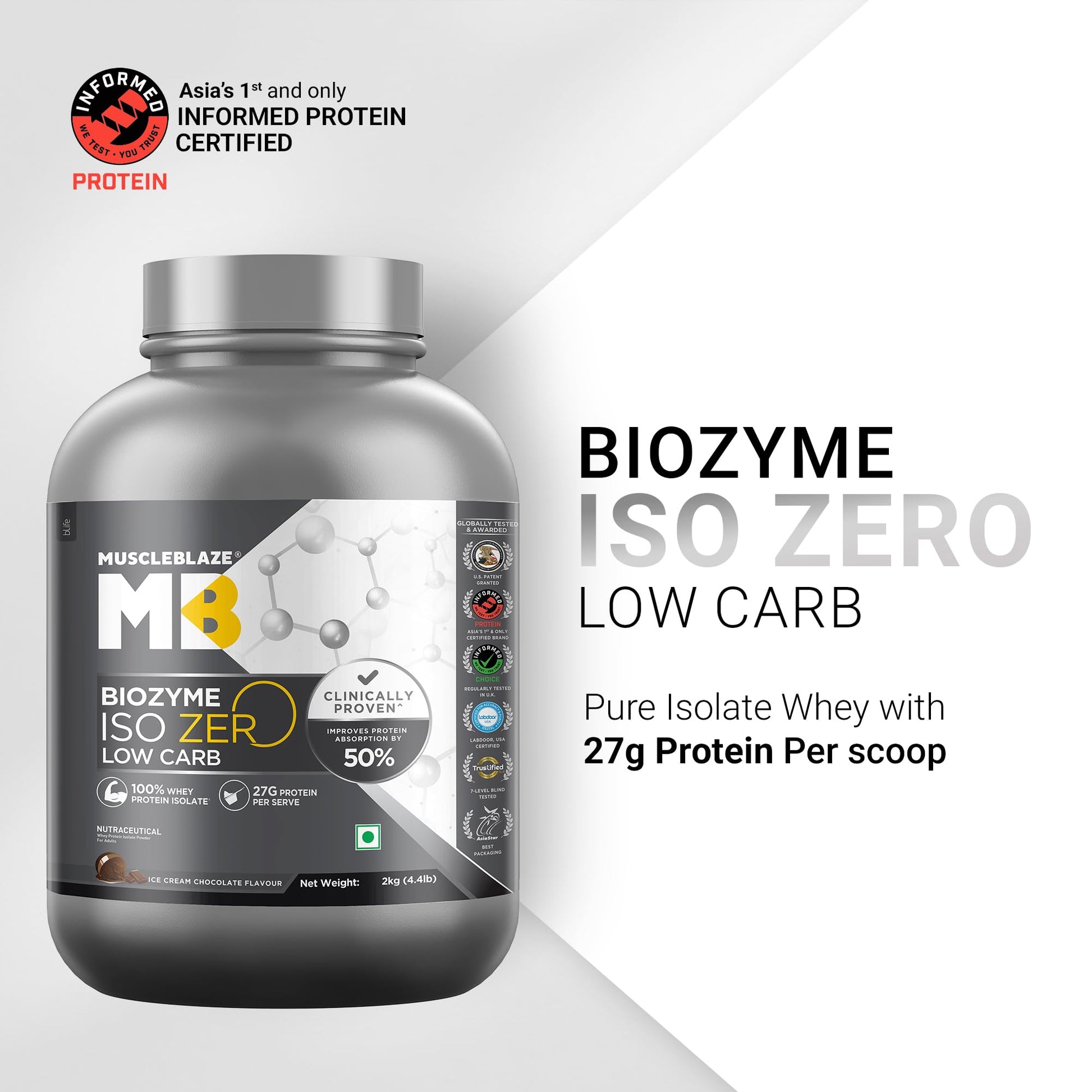 MuscleBlaze Biozyme Iso-Zero Low Carb Whey Protein Isolate Powder with EAF, Third Party Tested, Award Winning - front view (2