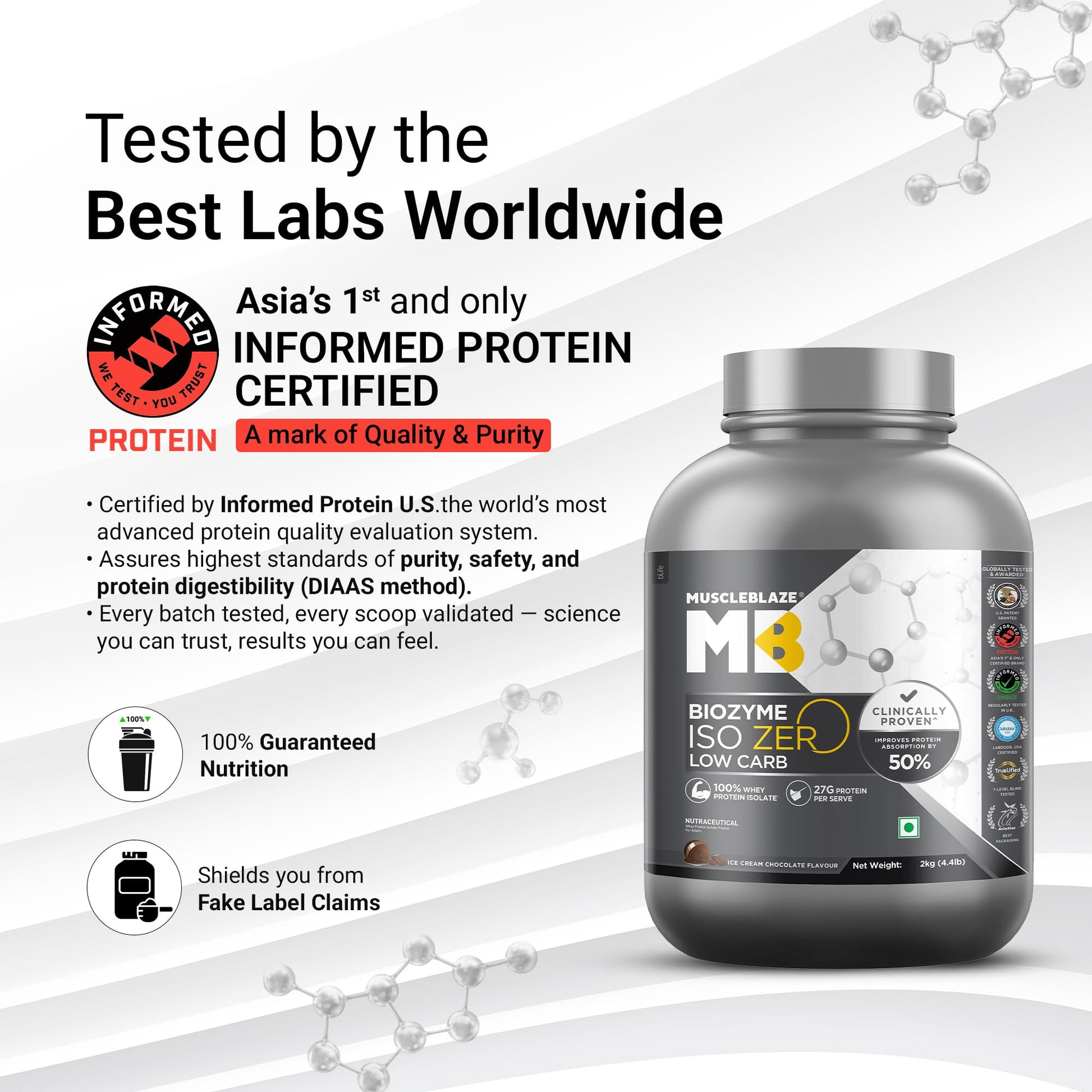 MuscleBlaze Biozyme Iso-Zero Low Carb Whey Protein Isolate Powder with EAF, Third Party Tested, Award Winning - ingredients p
