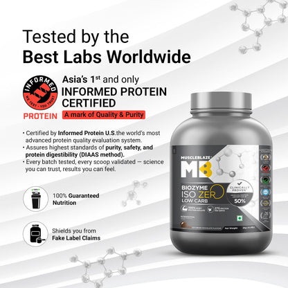 MuscleBlaze Biozyme Iso-Zero Low Carb Whey Protein Isolate Powder with EAF, Third Party Tested, Award Winning - ingredients p