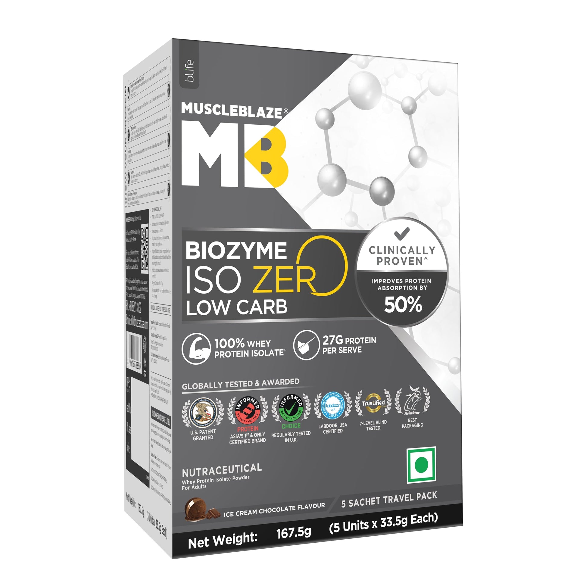MuscleBlaze Biozyme Iso-Zero Low Carb Whey Protein Isolate Powder with EAF, Third Party Tested, Award Winning (33)