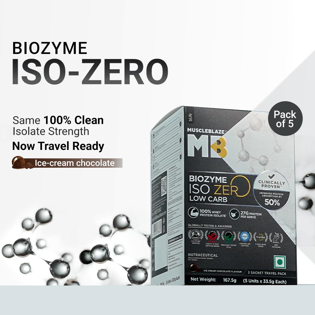 MuscleBlaze Biozyme Iso-Zero Low Carb Whey Protein Isolate Powder with EAF, Third Party Tested, Award Winning - front view (3