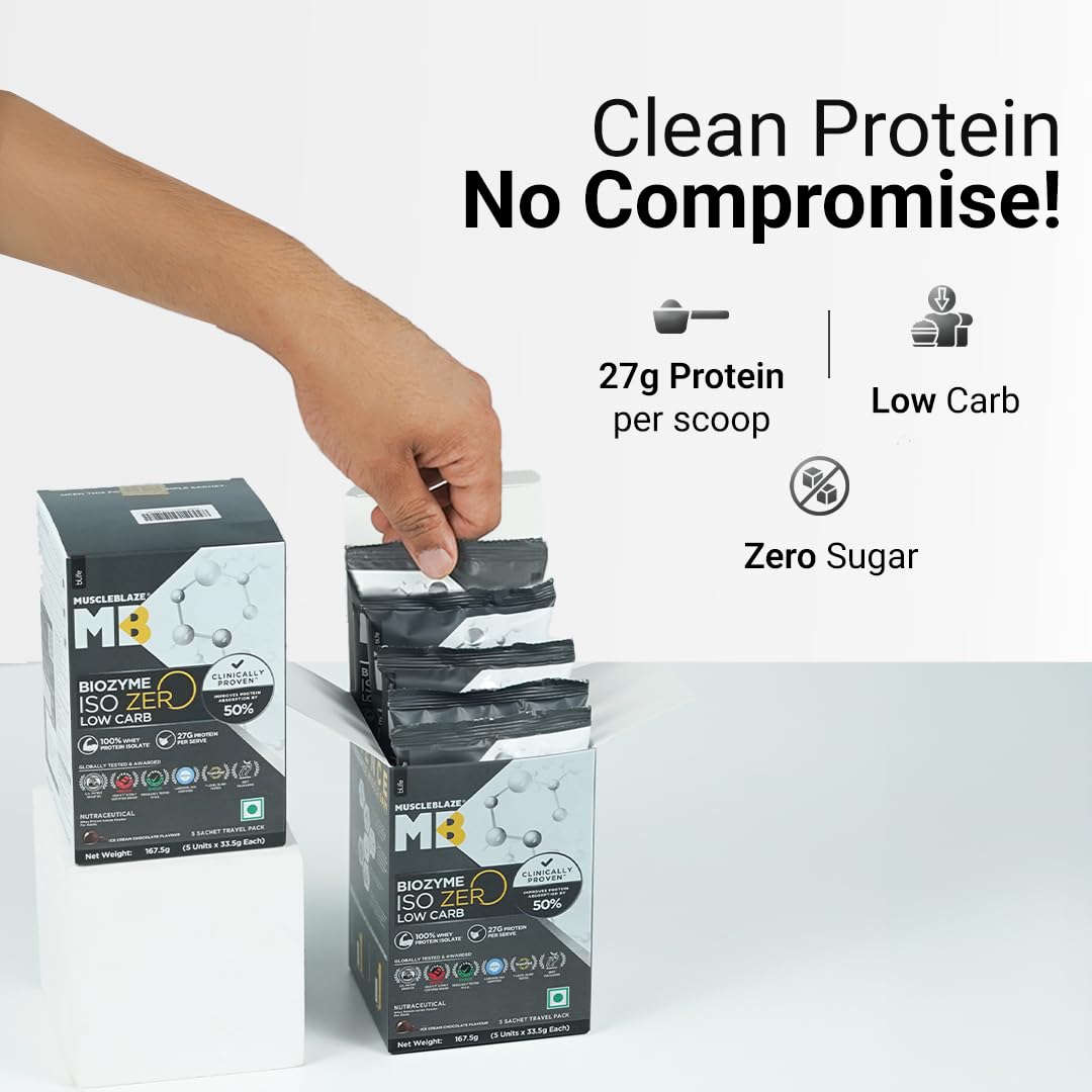 MuscleBlaze Biozyme Iso-Zero Low Carb Whey Protein Isolate Powder with EAF, Third Party Tested, Award Winning - back view (35