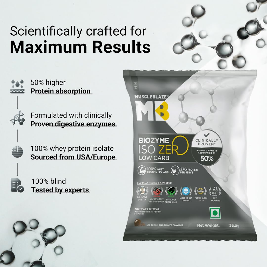 MuscleBlaze Biozyme Iso-Zero Low Carb Whey Protein Isolate Powder with EAF, Third Party Tested, Award Winning - packaging (36