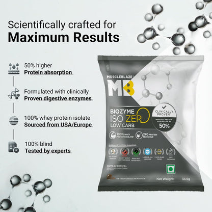 MuscleBlaze Biozyme Iso-Zero Low Carb Whey Protein Isolate Powder with EAF, Third Party Tested, Award Winning - packaging (36