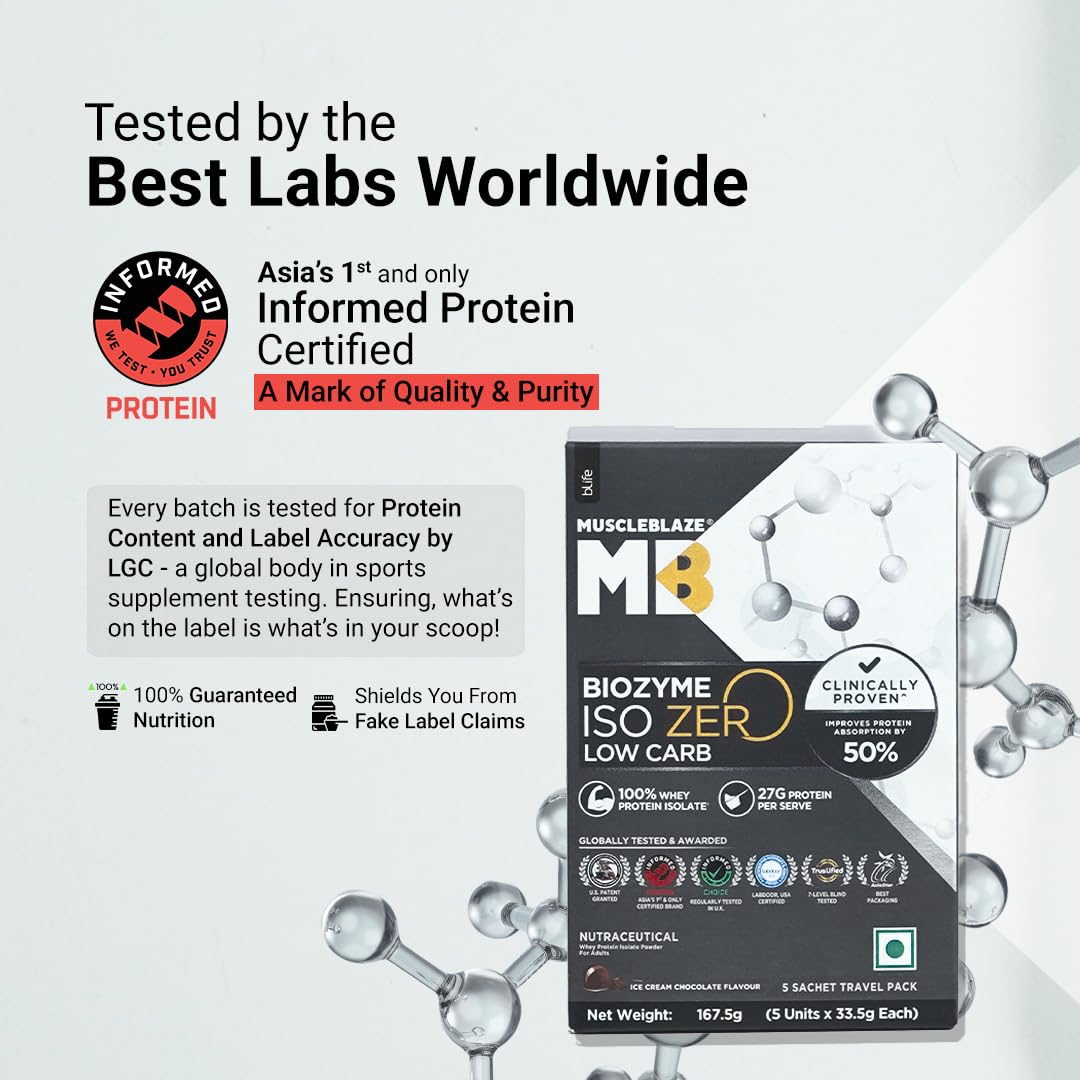 MuscleBlaze Biozyme Iso-Zero Low Carb Whey Protein Isolate Powder with EAF, Third Party Tested, Award Winning - label detail 