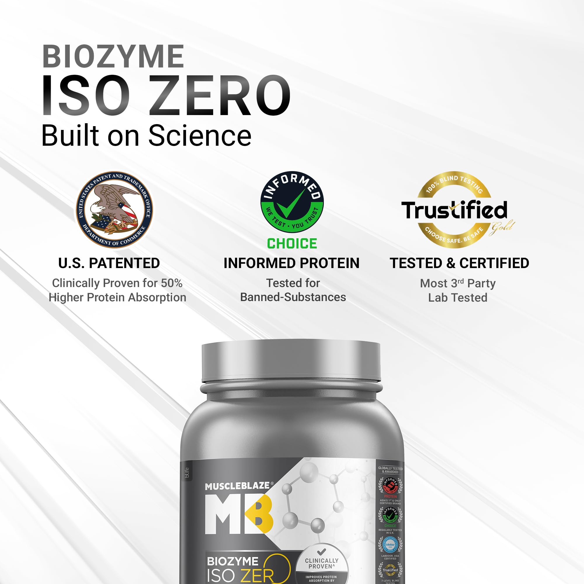 MuscleBlaze Biozyme Iso-Zero Low Carb Whey Protein Isolate Powder with EAF, Third Party Tested, Award Winning - packaging