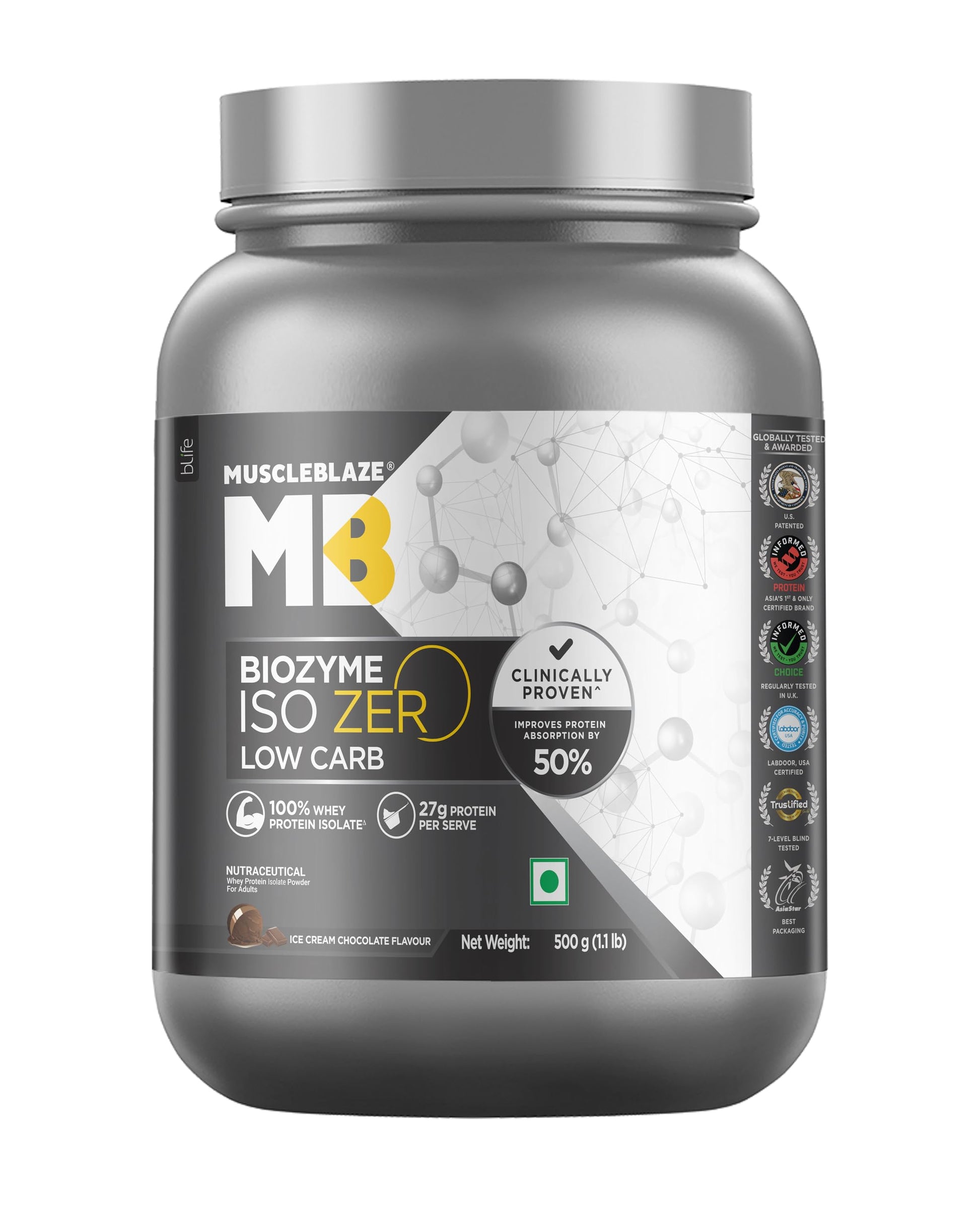 MuscleBlaze Biozyme Iso-Zero Low Carb Whey Protein Isolate Powder with EAF, Third Party Tested, Award Winning (42)