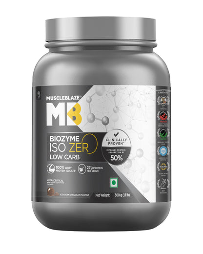 MuscleBlaze Biozyme Iso-Zero Low Carb Whey Protein Isolate Powder with EAF, Third Party Tested, Award Winning (42)