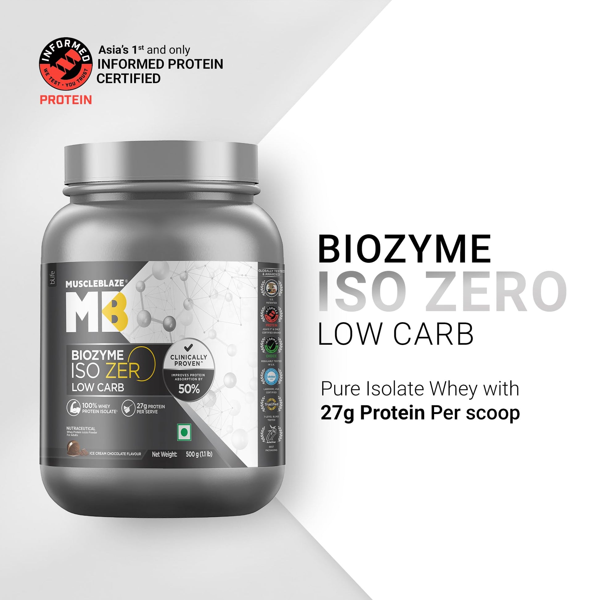 MuscleBlaze Biozyme Iso-Zero Low Carb Whey Protein Isolate Powder with EAF, Third Party Tested, Award Winning - front view (4