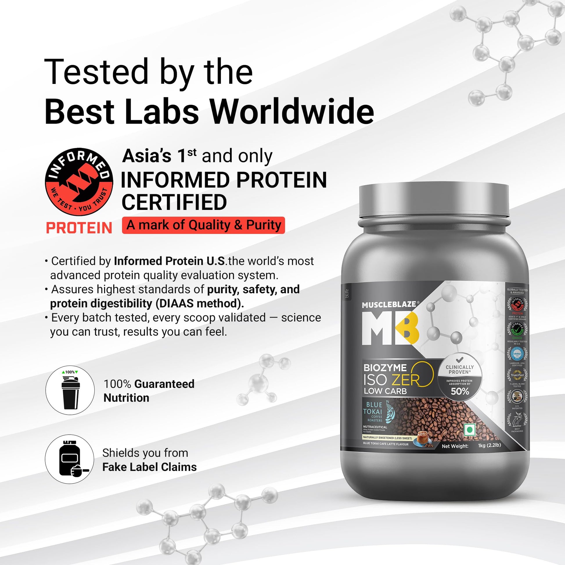 MuscleBlaze Biozyme Iso-Zero Low Carb Whey Protein Isolate Powder with EAF, Third Party Tested, Award Winning - ingredients p