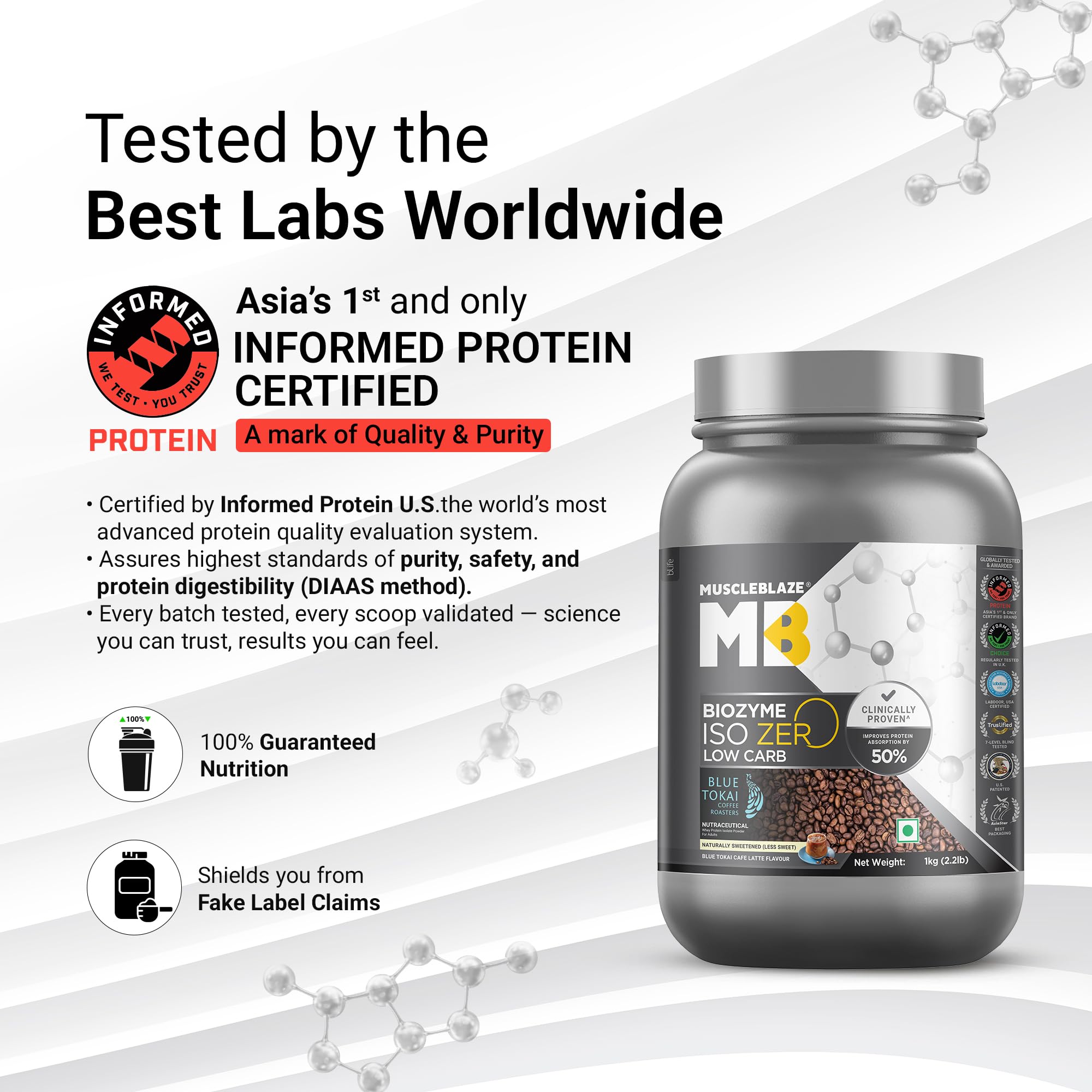 MuscleBlaze Biozyme Iso-Zero Low Carb Whey Protein Isolate Powder with EAF, Third Party Tested, Award Winning - ingredients p